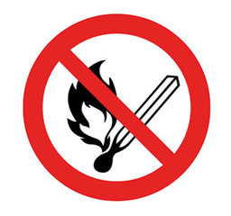 Prohibition sign, self-adhes., Ø 200 mm, no naked flames, no fire or smoking