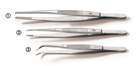 Forceps, bent, blunt, made of Remanit 4301, length 200 mm, 1 unit(s)