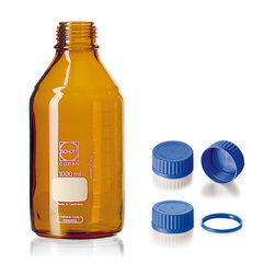 Screw neck bottle, DURAN®, amber, w. pouring spout ring and cap, PP, 500ml