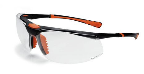Safety glasses 5X3, black/orange,, clear, anti-scratch/anti-fog coated