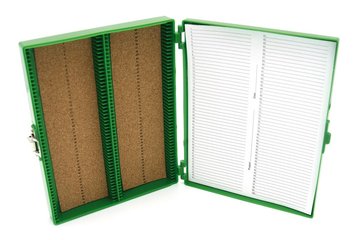 Rotilabo® microsc. slide box, PS, green, L 208 x W 175 x H 34 mm, 100 slides