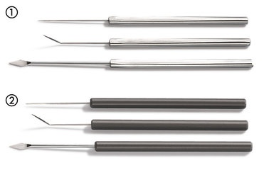 Dissecting needles, made of Remanit 4301, curved, with wooden handle, 10 unit(s)