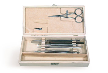 Dissecting set for microscopy, small, in wooden box, L 195 x W 85 x H 32 mm