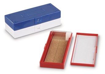Rotilabo® microscope slide box, ABS, red, L 209 x W 86 x H 35 mm, 50 slots