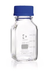 Square bottles, DURAN®, transparent, w. pouring spout ring and cap, PP, 250ml