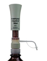 FORTUNA® POLYFIX® dispenser, 10-50 ml, glass plunger and brown glass cylinder