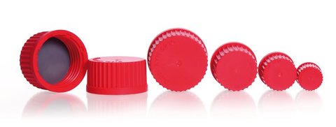 Screw caps made of PBT, red, GL 14, Ø 20 x H 17 mm, 10 unit(s)