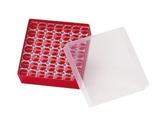 Rotilabo®-storage box f. autosampl.vials, 4 ml, red, H 52 mm, 49 holes