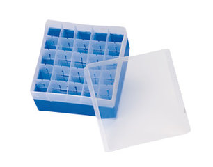 Rotilabo®-storage box f. headspacevials, 5/10/20 ml, blue, H 102 mm, 25 holes