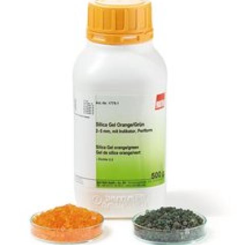 Silica gel orange/green, 2-5 mm, with colour indicator, pearls, 500 g, plastic
