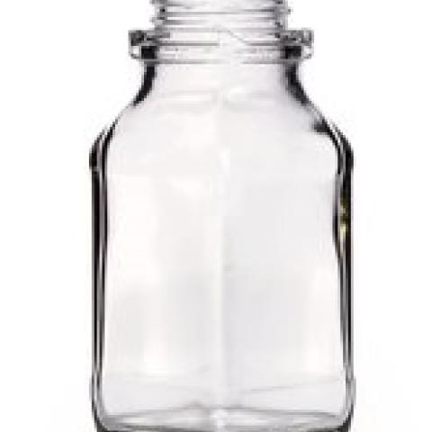 Square wide-mouth bottles, 100 ml, clear glass, thread 32, short form