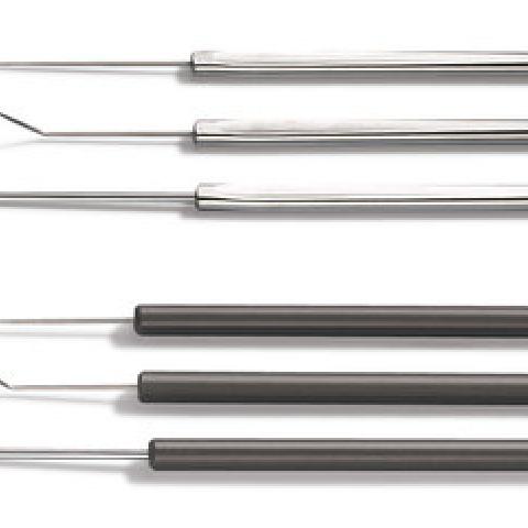 Dissecting needles, made of Remanit 4301, curved, with wooden handle, 10 unit(s)