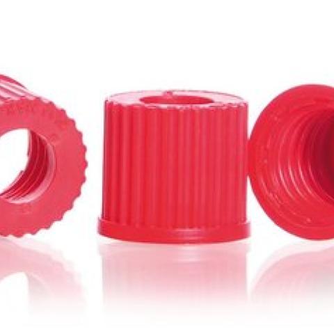 Screw caps with borehole, PBT, red, GL 32, Ø borhole 20 mm, -45 to +180 °C