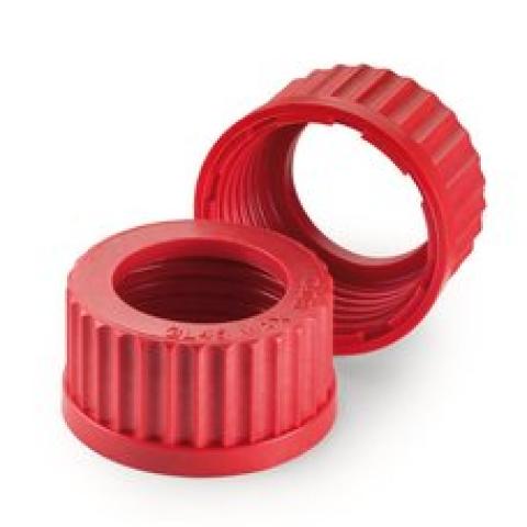 Screw caps with borehole, PBT, red, GL 45, Ø borhole 34 mm, -45 to +180 °C