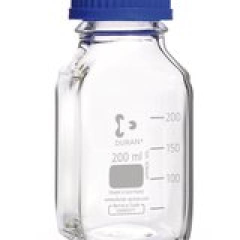 Square bottles, DURAN®, transparent, w. pouring spout ring and cap, PP, 250ml