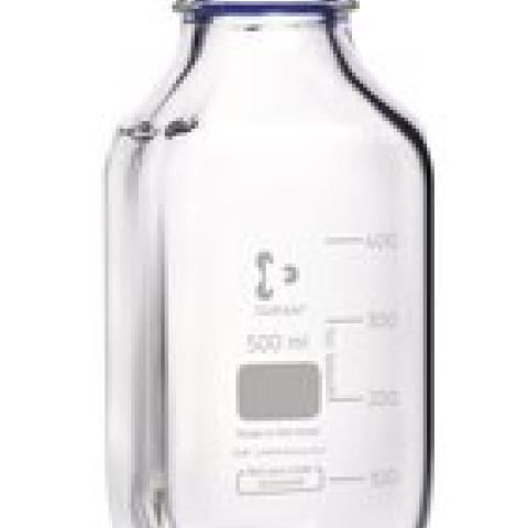 Square bottles, DURAN®, transparent, w. pouring spout ring and cap, PP, 500ml