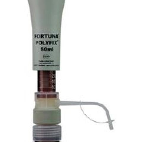 FORTUNA® POLYFIX® dispenser, 10-50 ml, glass plunger and brown glass cylinder