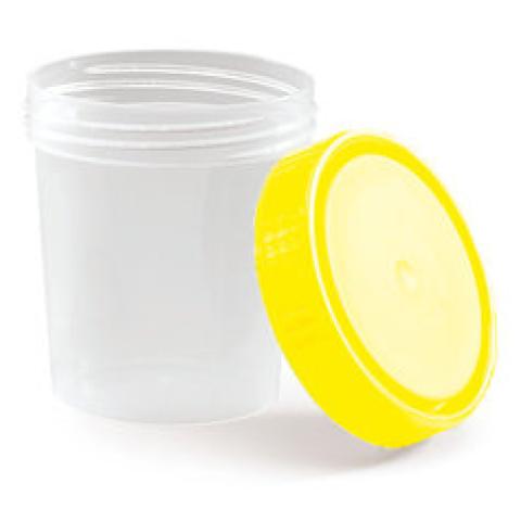 Sample beakers with screw cap, 100 ml, lid yellow, steril, leakproof